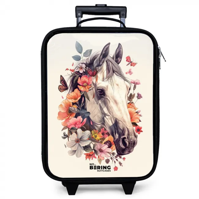 Wit paardenhoofd omringd door bloemen en vlinders Kinderkoffer - Zwart klein -zzz_website3d
