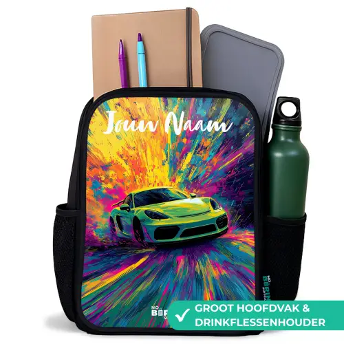 Sportauto - Groen - Verfstrepen - Kleuren Rugzak - Zwart middel -inhoud_NL