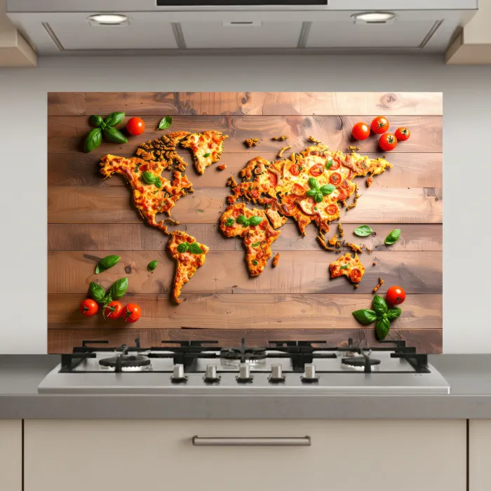 Wereldkaart - Pizza - Houten ondergrond keuken achterwand spatscherm klein -3d_website