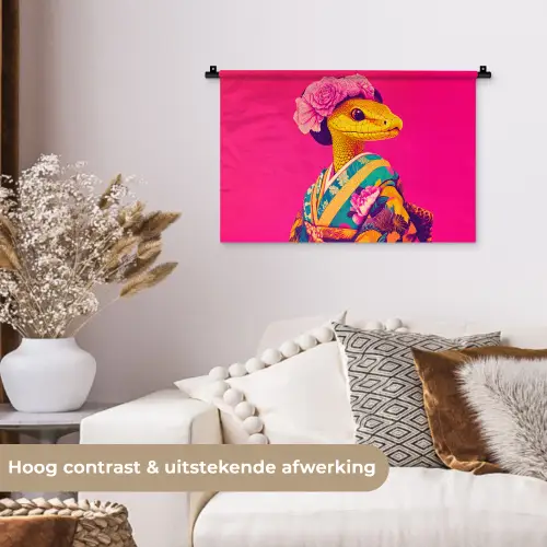 Hagedis - Bloemen - Roze - Kimono Wandkleed katoen klein -sfeer1