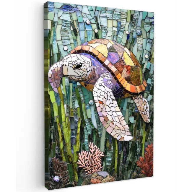 Schildpad - Zeewier - Mozaïek Tuinposter op houten frame 2 cm dik klein -3d