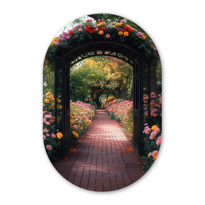 Doorkijk - Bloemen - Pad - Natuur - Kleurrijk Wandcirkel Ovaal Glas middel -3d