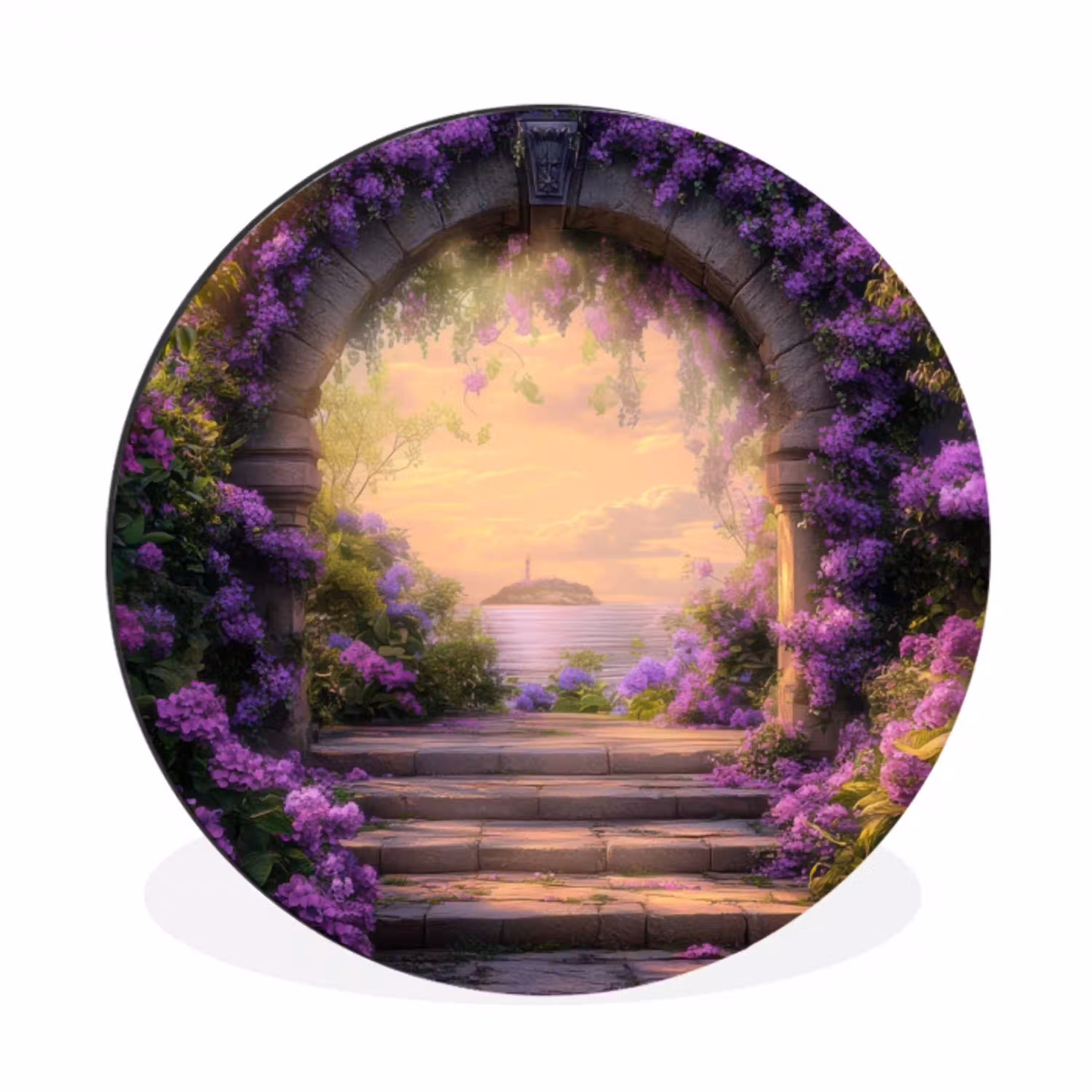 Poort - Paars - Bloemen Wandcirkel aluminium klein -3d