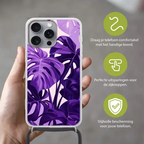Bladeren - Paars - Tropisch - Abstract Hoesje iPhone 16 Pro Max met koord klein -sfeer2_NL