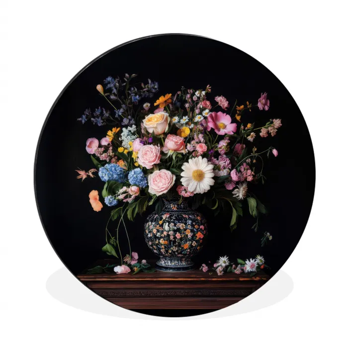 Bloemenvaas - Hout - Bloemen - Boeket Wandcirkel aluminium klein -3d
