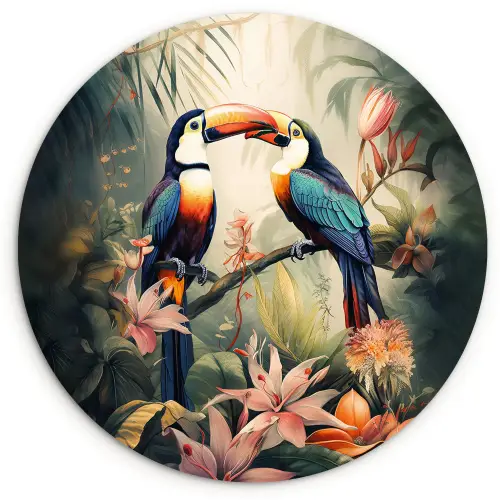 Toekan - Vogels - Bloemen - Natuur - Jungle Wandcirkel kunststof plaat 5mm dik klein -3d