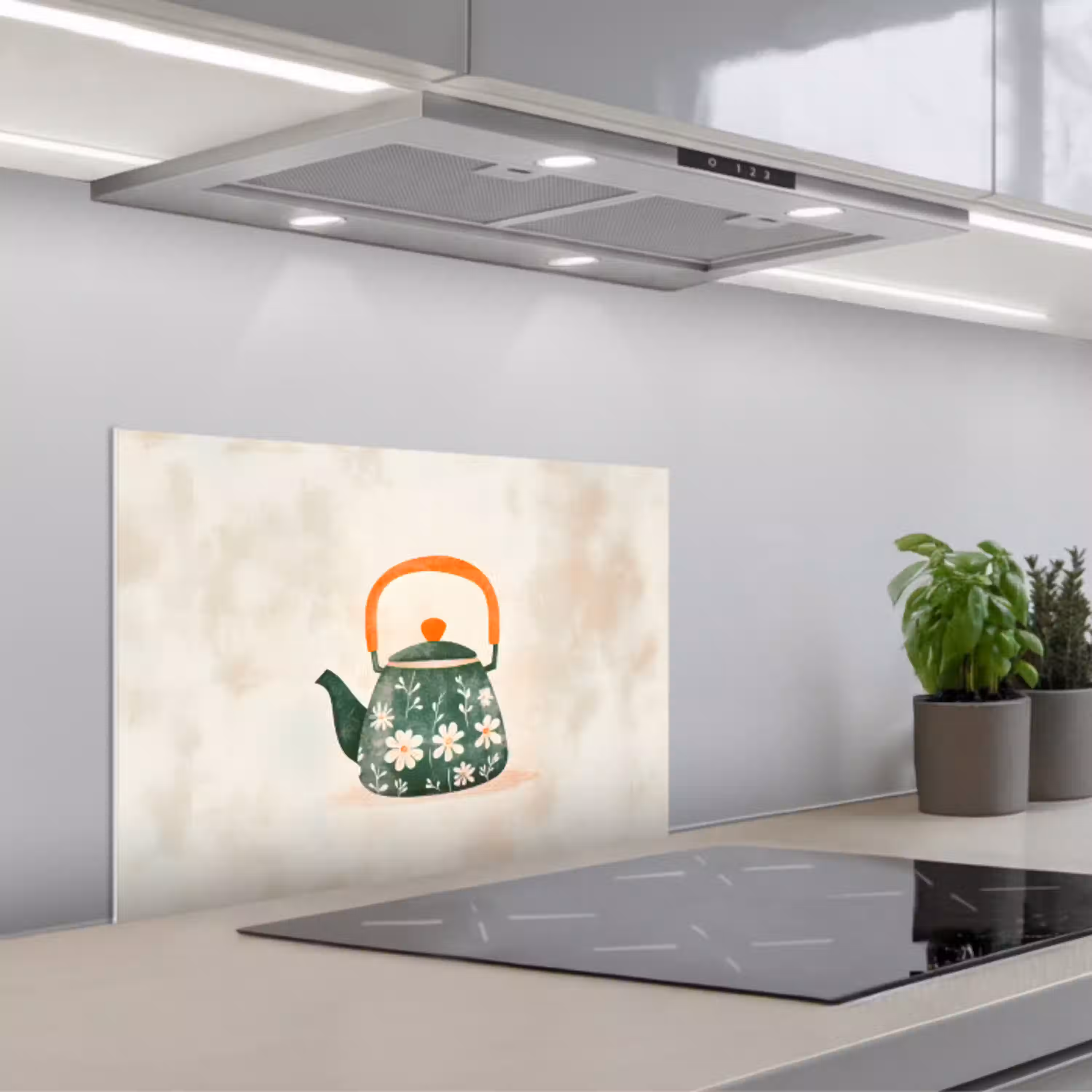 Theepot - Groen - Bloemen - Oranje keuken achterwand spatscherm klein -3d_schuin