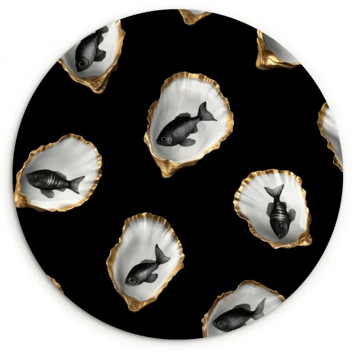 Oesters - Zwart - Vissen - Goud Wandcirkel plexiglas klein -3d