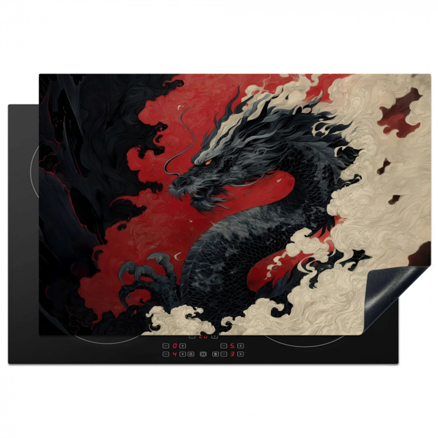 Zwarte draak - Rookwolken - Rood Inductie beschermer vinyl 3mm klein -3d