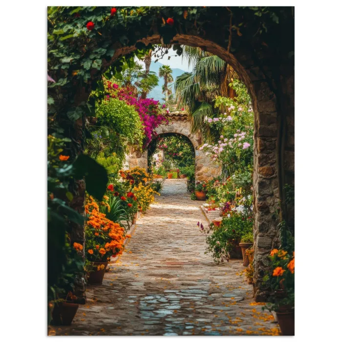 Doorkijk - Bloemen - Poort - Stenen poster papier klein -3d