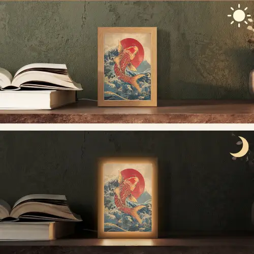 Koi - Zee - Golven - Zon Light Box met kabel (Tafellamp) klein -sfeer3