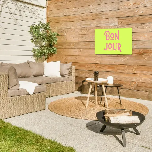 Groen - Roze bonjour - art-deco Tuinposter op houten frame 2 cm dik klein -sfeer2