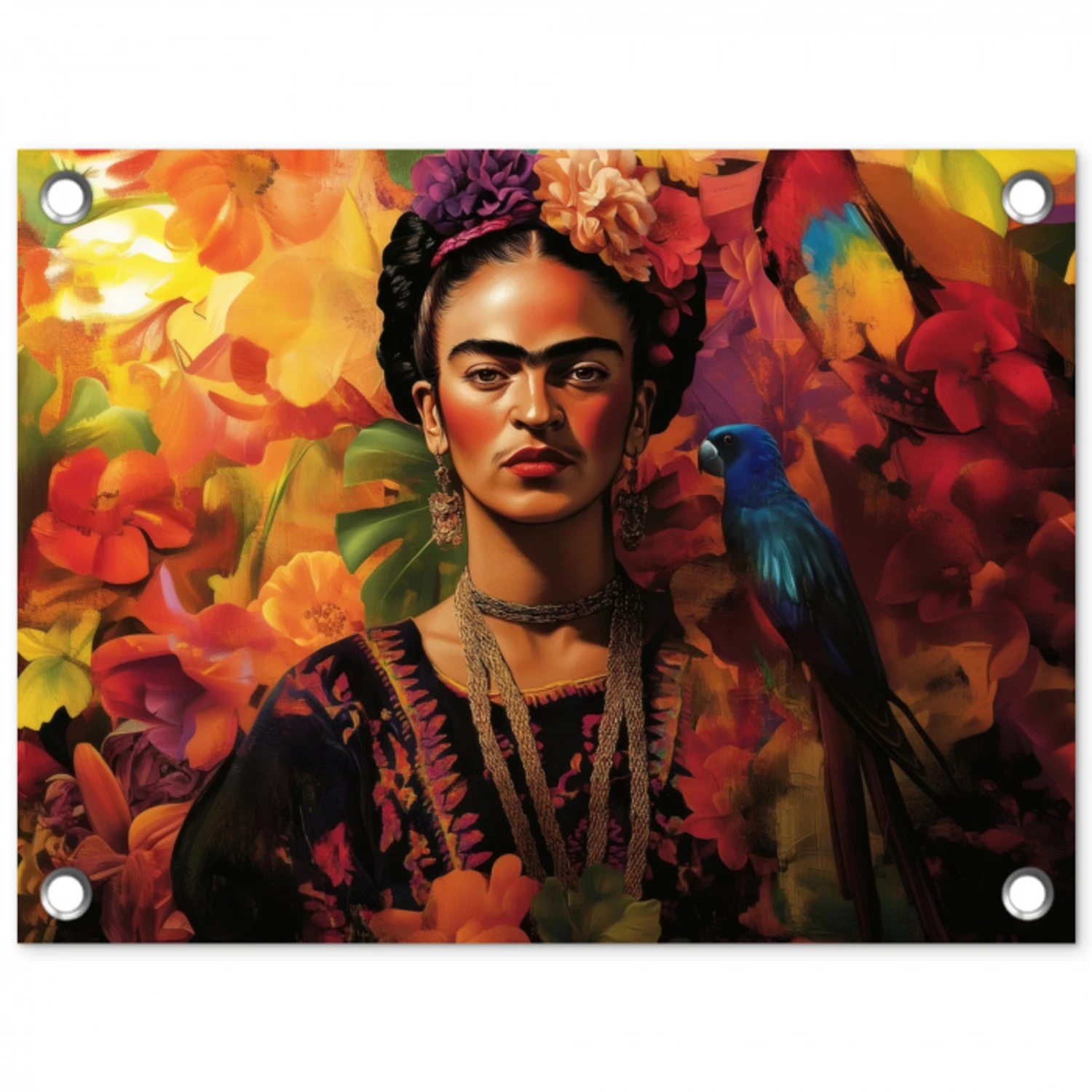 Vrouw - Bloemen - Papegaai - Schilderachtig tuinposter los doek klein -3d