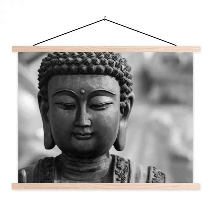 Boeddha - Grijs - Spiritualiteit - Buddha beeld - Religie textielposter latten blank klein -3d