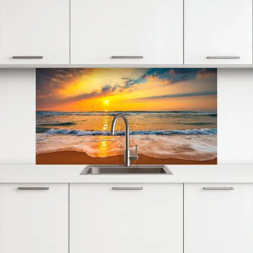 Zonsondergang - Strand - Zee - Wolken - Oranje keuken achterwand 2 middel -3d