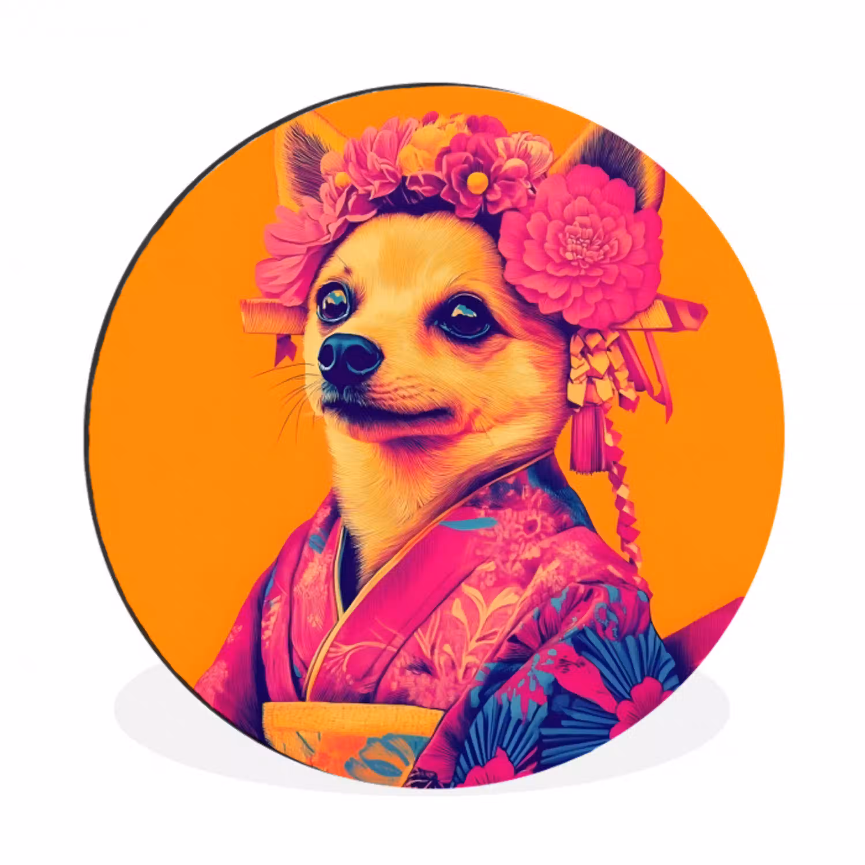 Kimono - Hondje - Bloemenkroon - Oranje Wandcirkel aluminium klein -3d