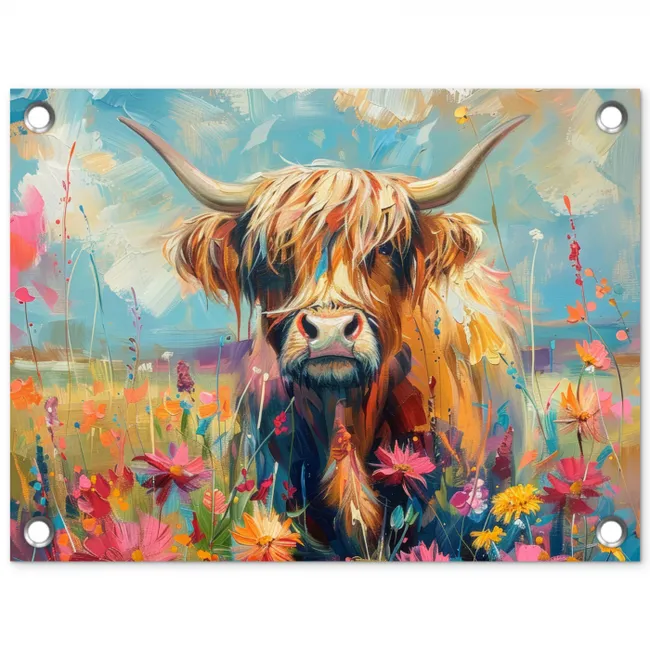 Schotse hooglander - Natuur - Kleurrijk - Bloemen tuinposter los doek klein -3d