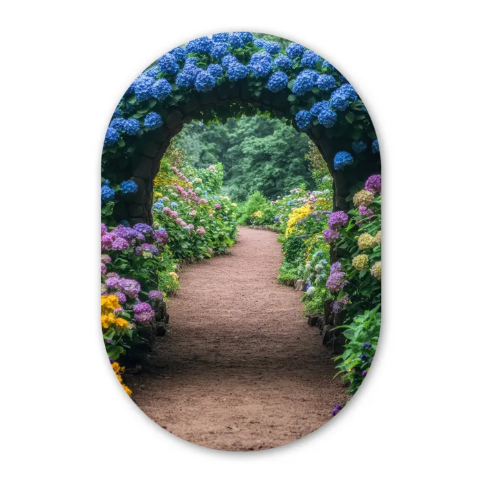 Doorkijk - Bloemen - Hortensia - Pad Wandcirkel Ovaal Glas middel -3d