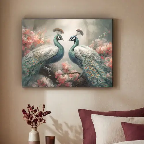 Pauwen - Pauwenveren - Vogels - Bloemen - Natuur Textielframe zwart klein -sfeer1