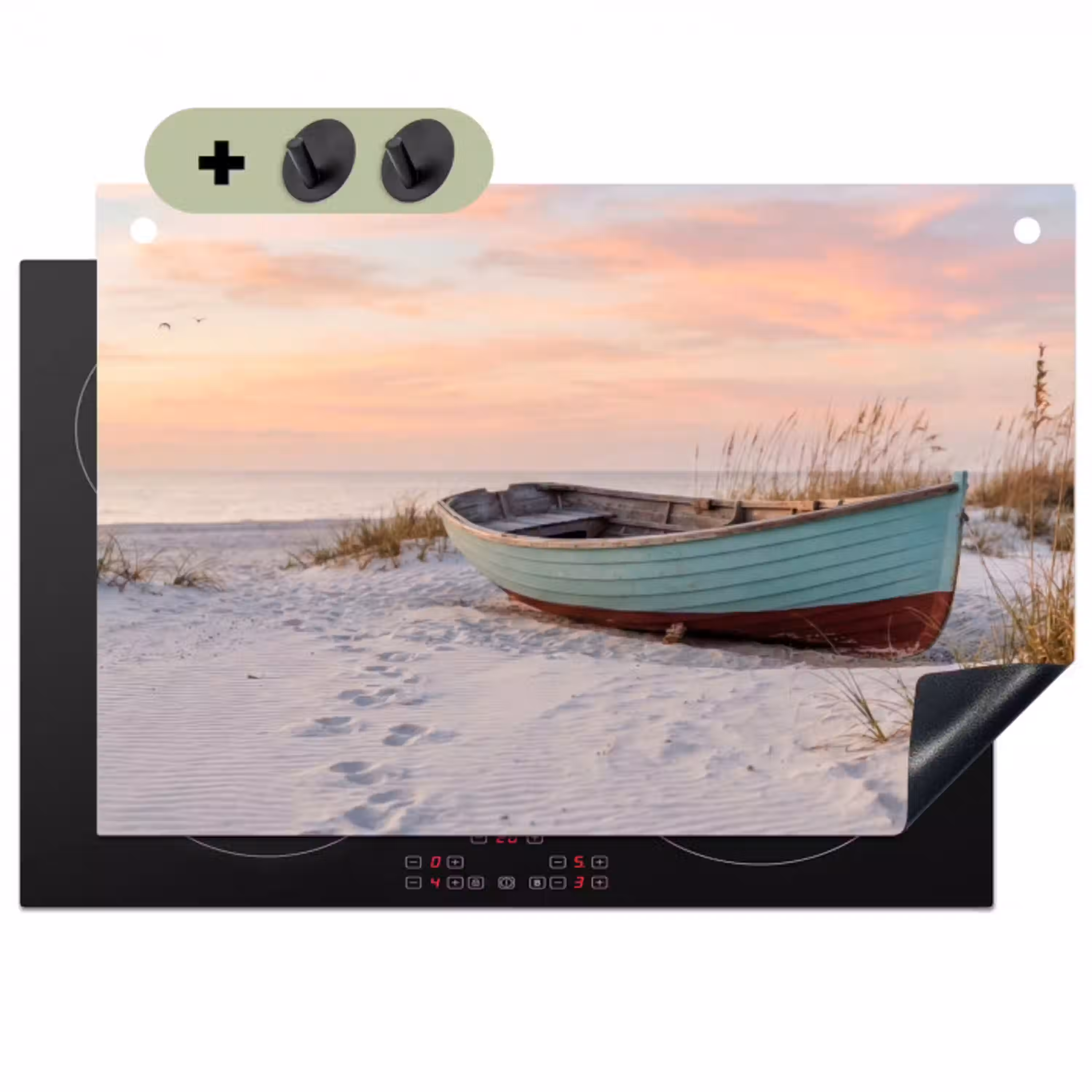 Rustiek - Roeiboot - Zandstrand Inductie beschemer met haakjes klein -3d