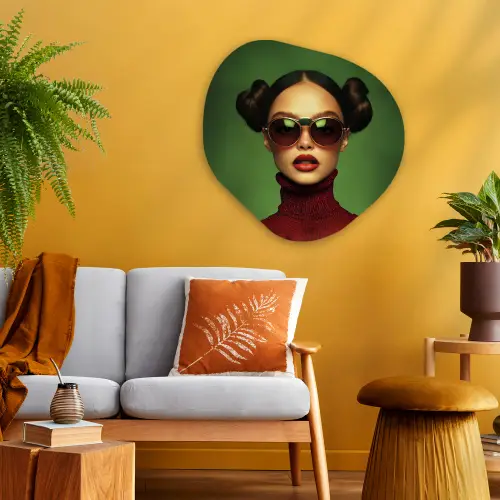 Vrouw - Groen - Bril - Aesthetic - Modern Wandcirkel Organisch Plexiglas middel -sfeer4