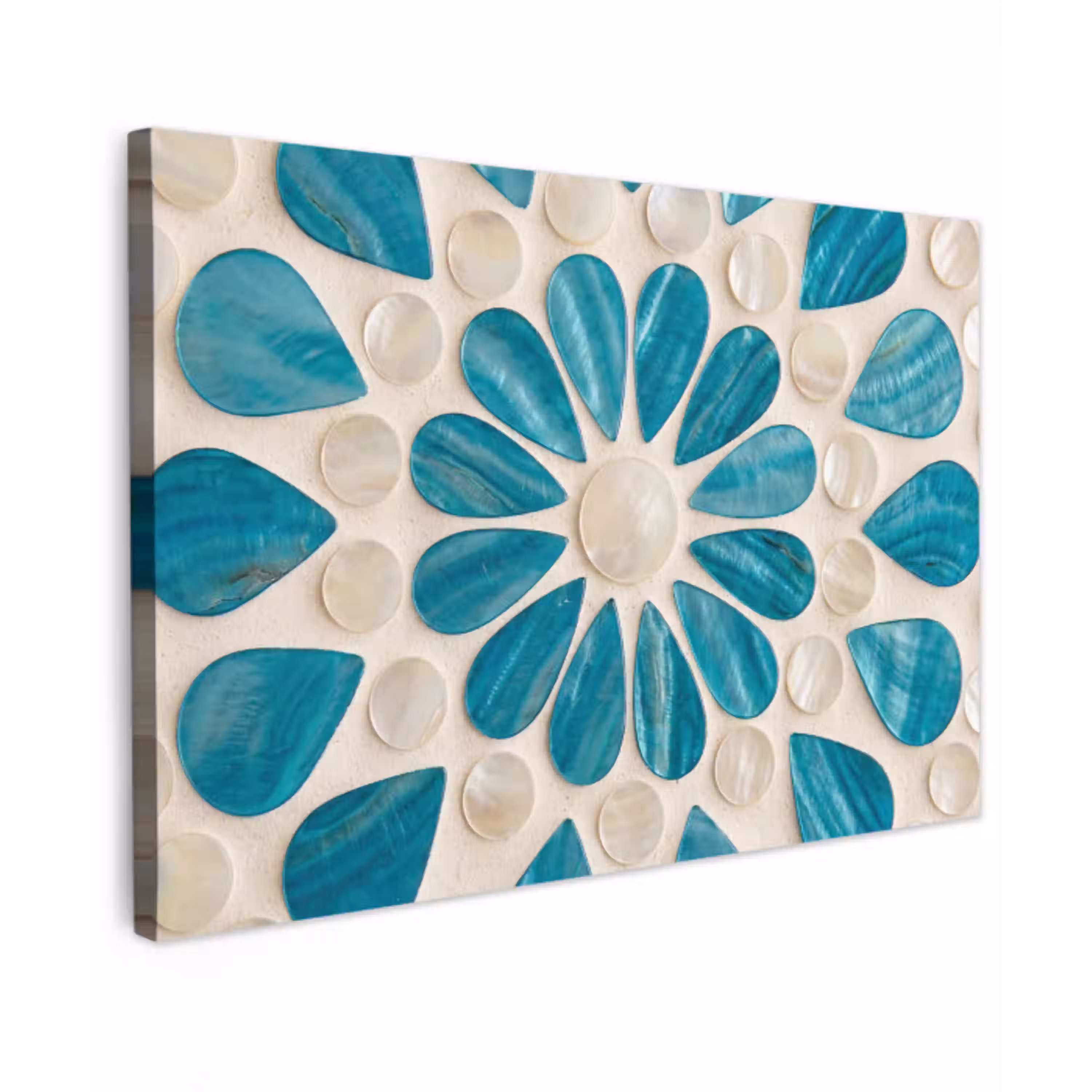 Patroon - Mozaïek - Schelpen - Abstract - Turquoise Tuinposter op houten frame 2 cm dik klein -3d