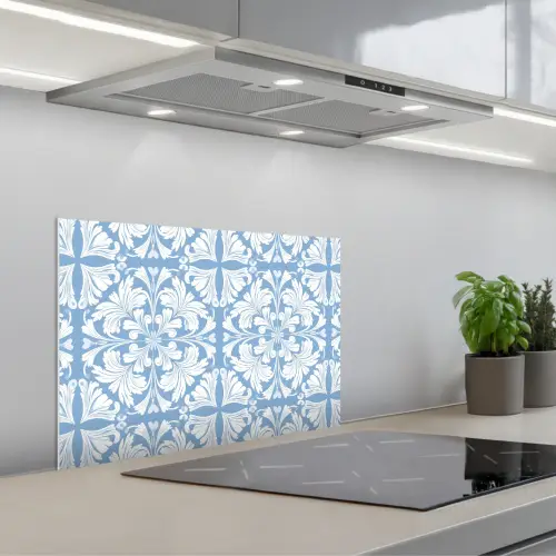 Tegel - Patroon - Wit - Blauw keuken achterwand spatscherm klein 900 -3d_schuin