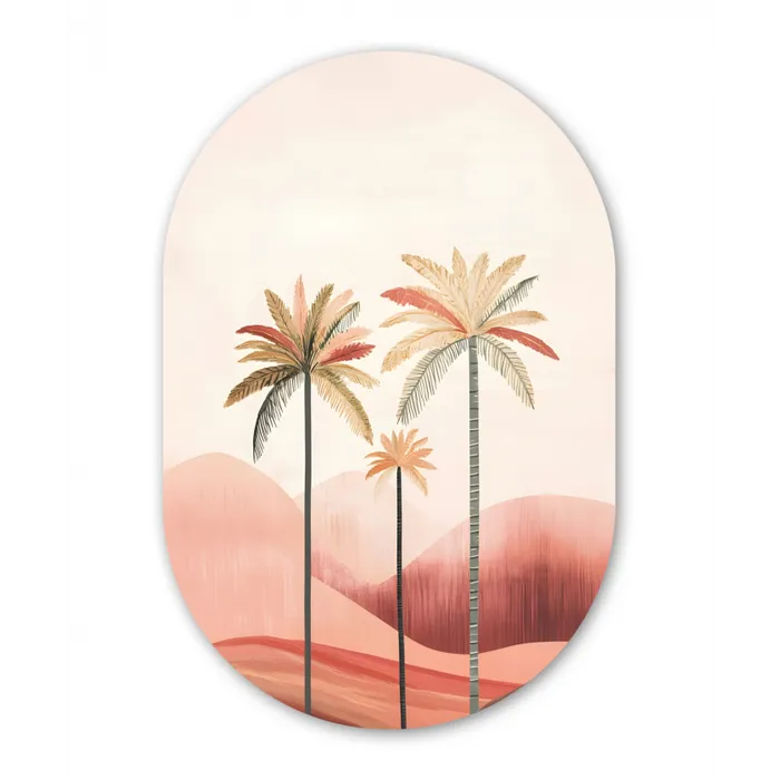 Palmbomen - Heuvels - Minimalistisch - Zachtroze Wandcirkel Ovaal Glas middel -3d