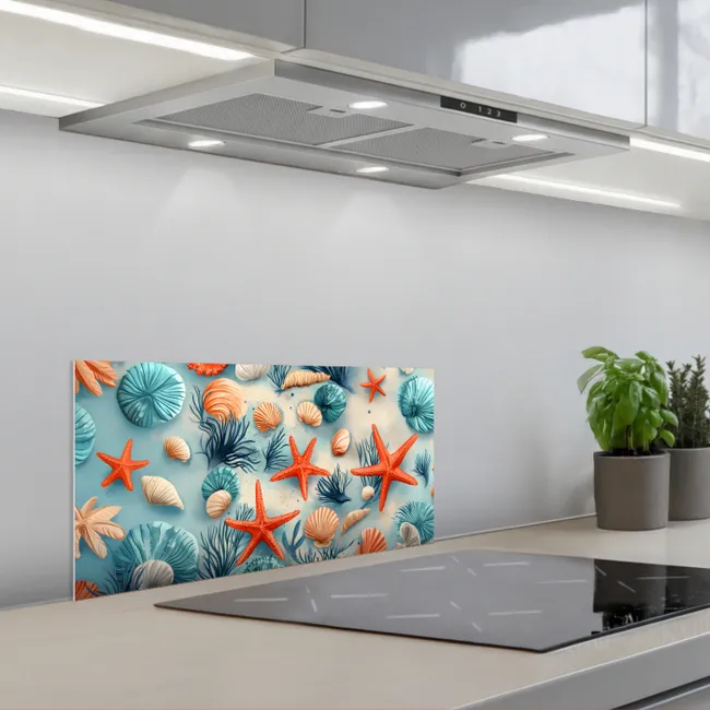 Zeesterren - Schelpen - Illustratie - Zand keuken achterwand spatscherm klein -3d_schuin