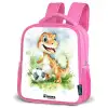 Dino met voetbal in kleurrijk veld Kinderrugzak - Roze middel -schuin