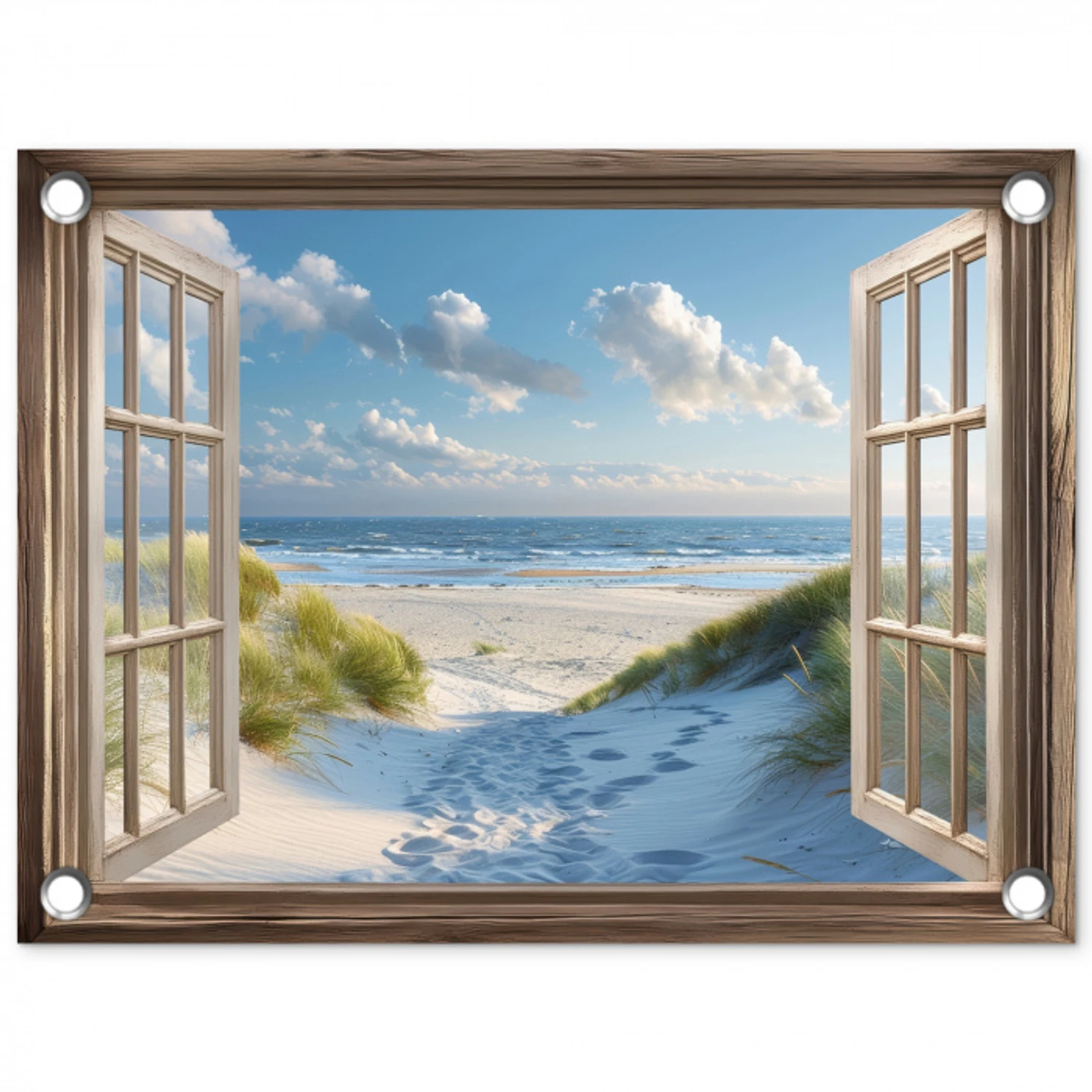 Doorkijk - Strand - Raam - Duinen - Zee tuinposter los doek klein -3d