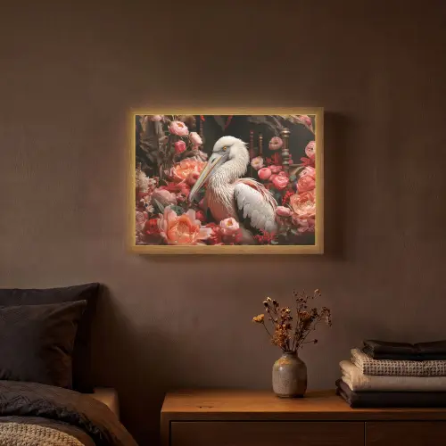 Pelikaan - Dier - Bloemen - Natuur - Botanisch - Roze Light Box met batterij (Wandlamp) middel -sfeer4