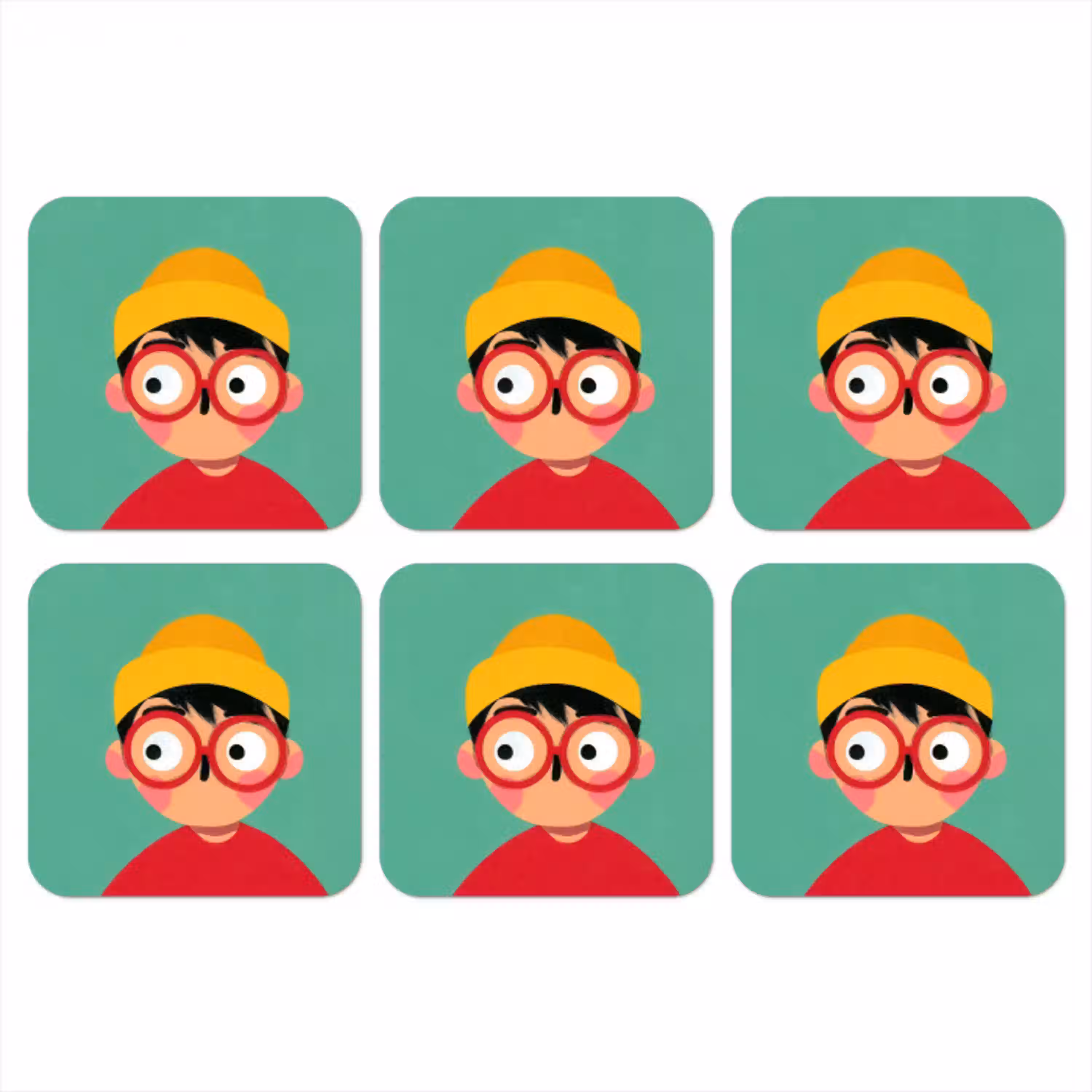 Jongen - Cartoon - Bril - Muts onderzetter kurk middel -3d