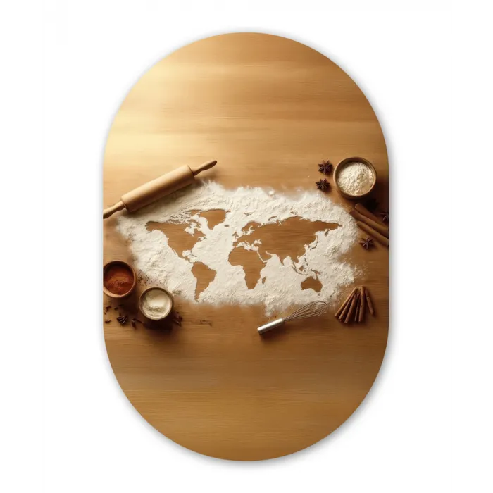 Hout - Wereldkaart - Bakken - Keuken Wandcirkel Ovaal Glas middel -3d
