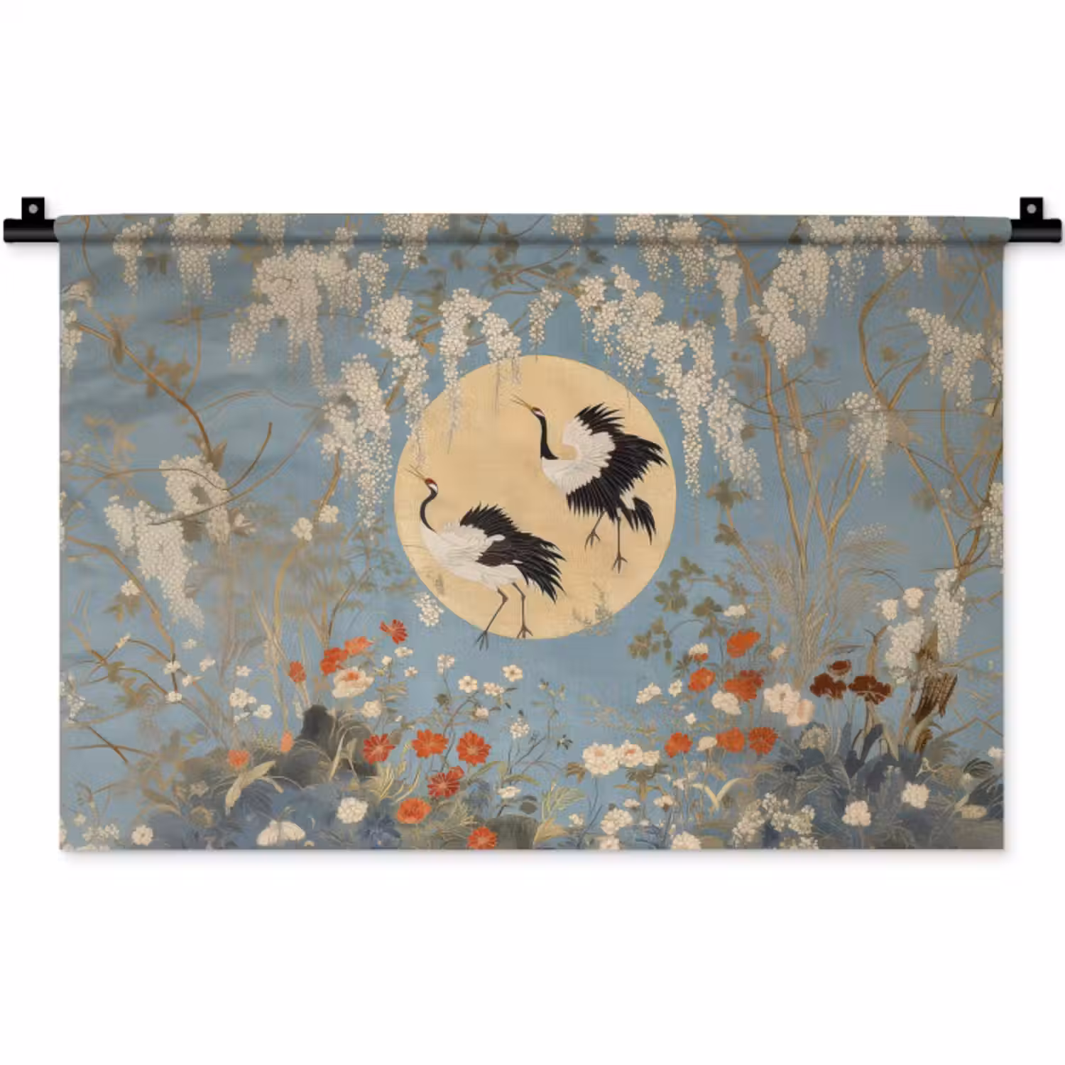 Wandkleed - Kraanvogels - Maan - Bloemen - Blauw