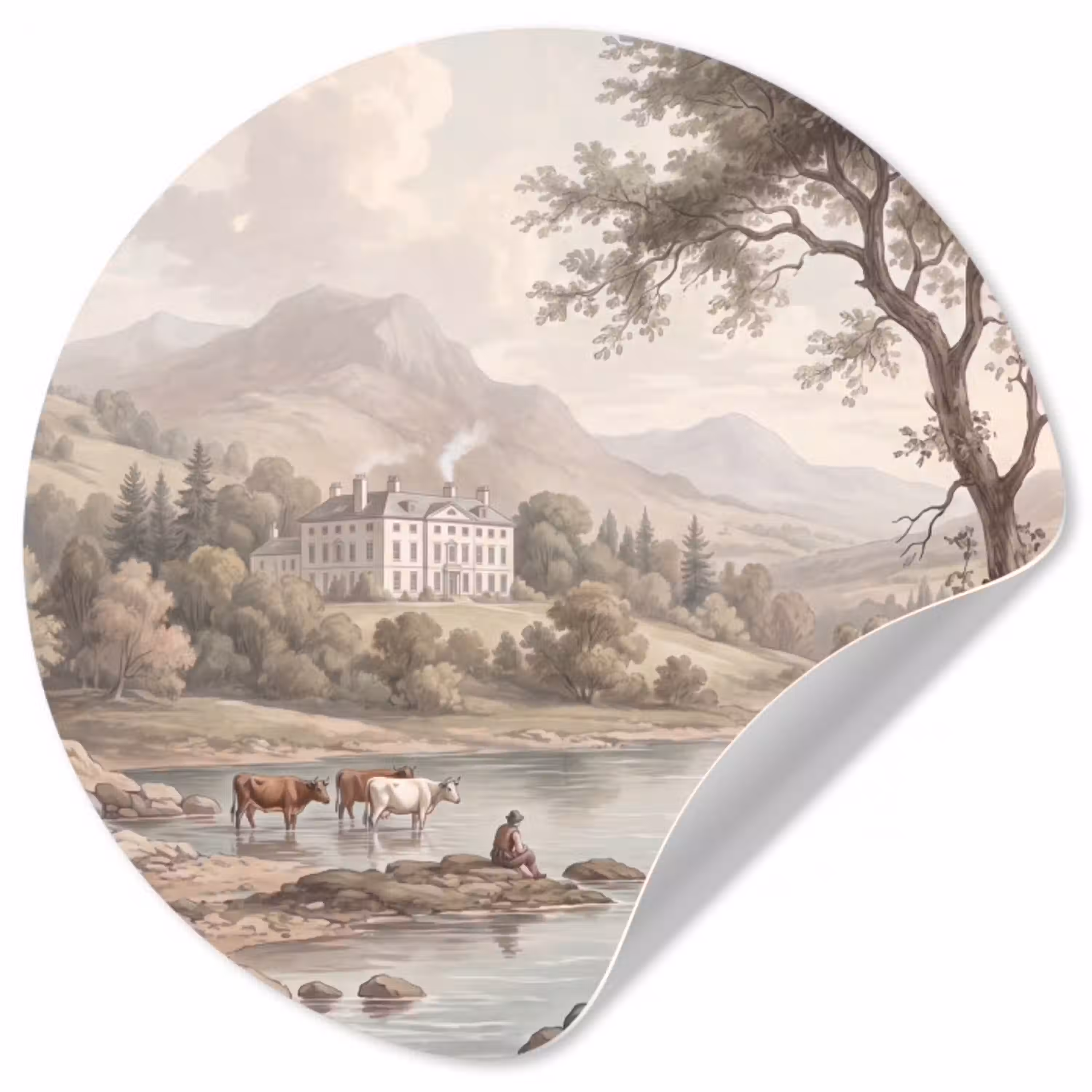 Landhuis - Rivier - Vee Wandcirkel behangsticker klein -3d