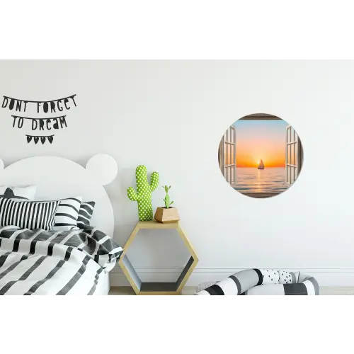 Doorkijk - Zee - Boot - Zonsondergang Wandcirkel aluminium klein -kinderkamer