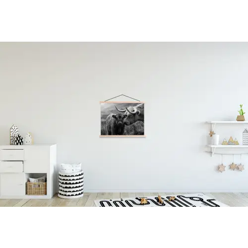 Schotse hooglander - Kalf - Zwart - Wit textielposter latten blank klein -kinderkamer