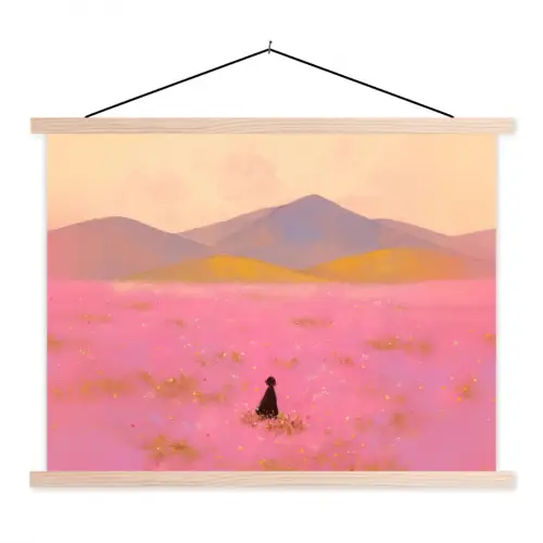 Bloemenweide - Heuvels - Silhouet - Roze textielposter latten blank klein -3d