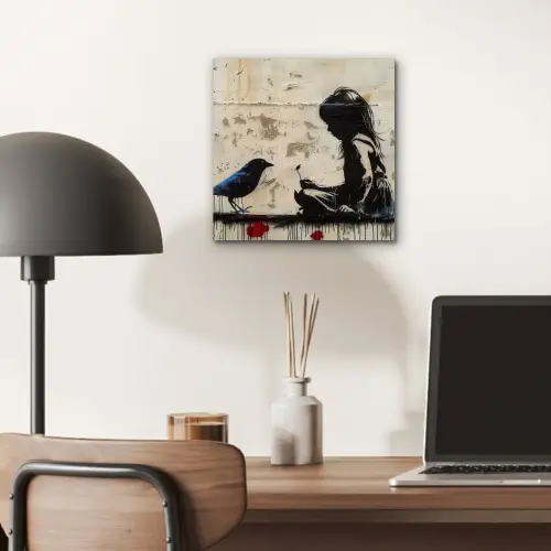 Street art - Meisje - Vogel - Graffiti - Banksy aluminium wit klein -sfeer5