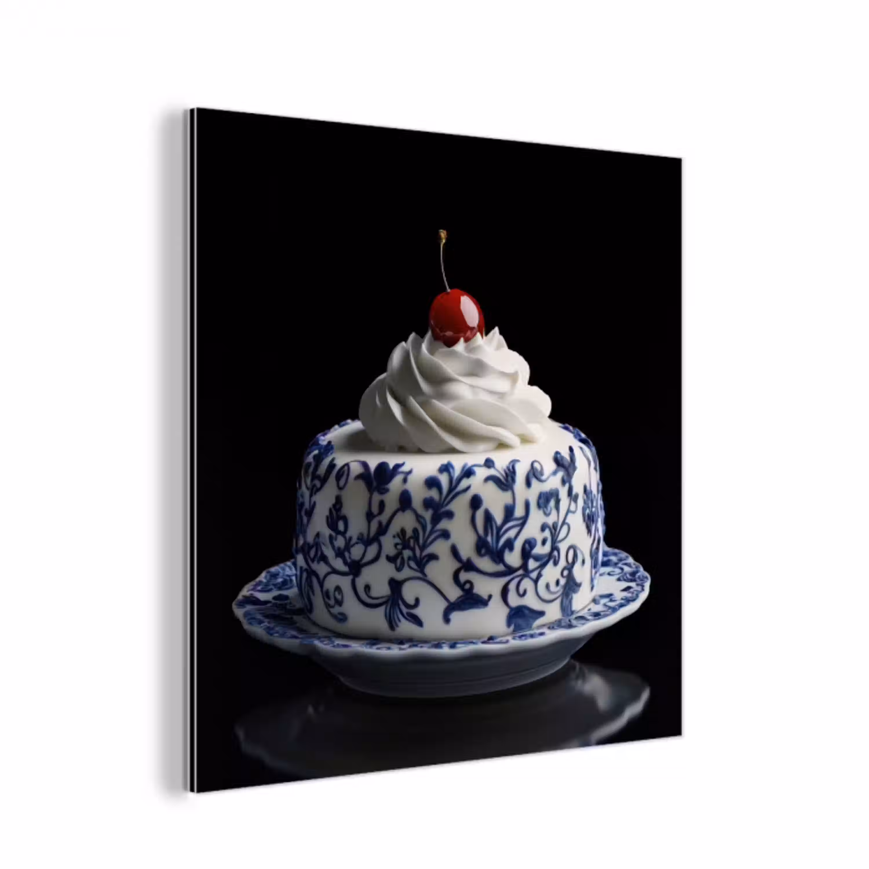Taart - Slagroom - Kers - Bord - Delfts blauw aluminium wit klein -3d