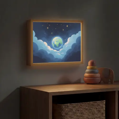 Planeet - Wolken - Sterren - Blauw Light Box met batterij (Wandlamp kind) middel -sfeer5_kind