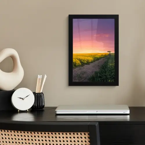 Bloemen - Weg - Lucht - Geel - Paars - Zonsondergang - Natuur fotolijst zwart zonder passe partout klein -sfeer1