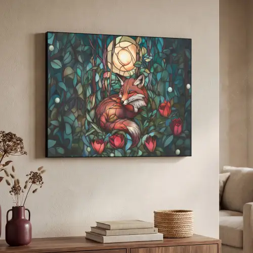 Vos - Mozaïek - Bos - Maan Textielframe zwart klein -sfeer3