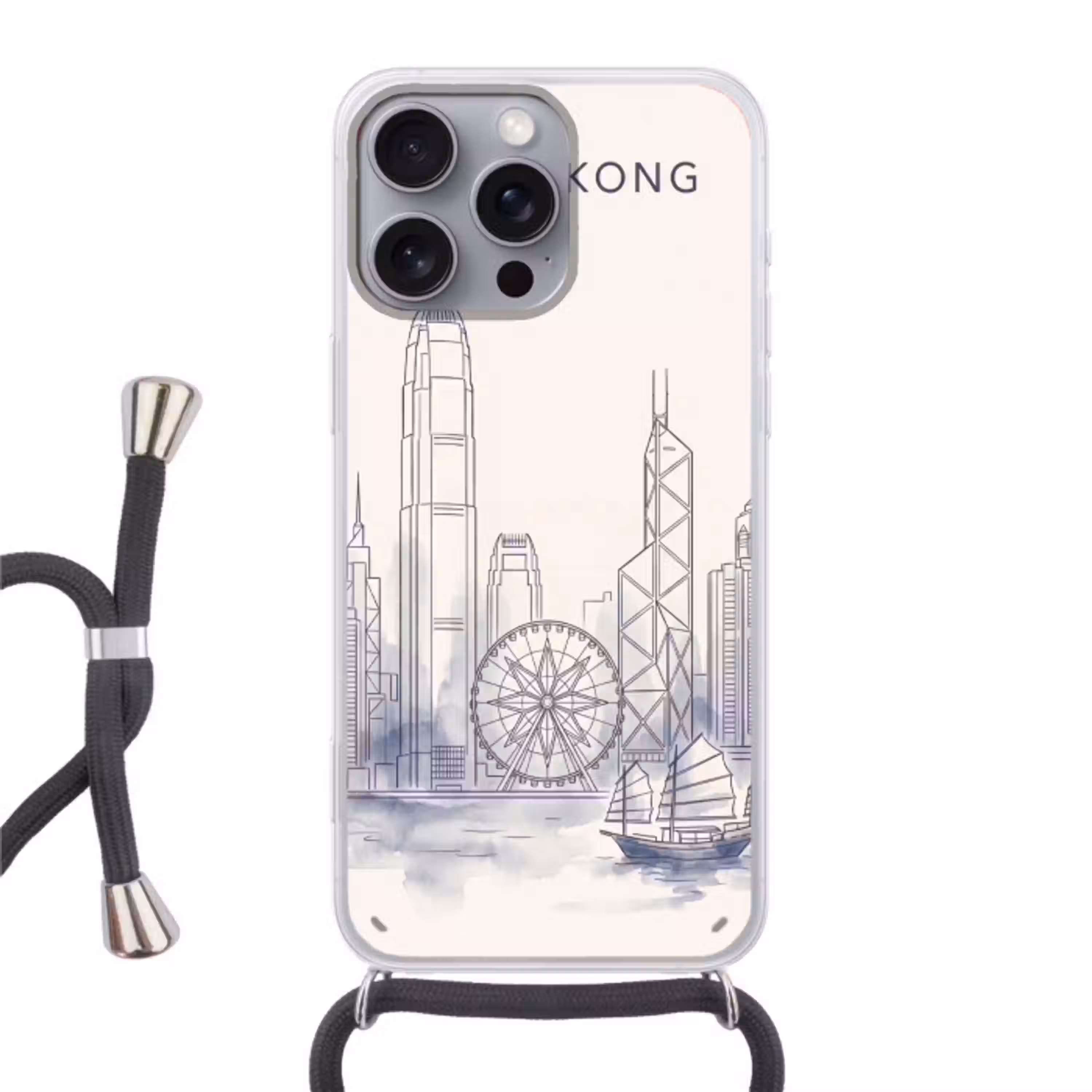 Stad - Skyline - Water - Lijntekening - Blauw Hoesje iPhone 16 Pro Max met koord klein -3d