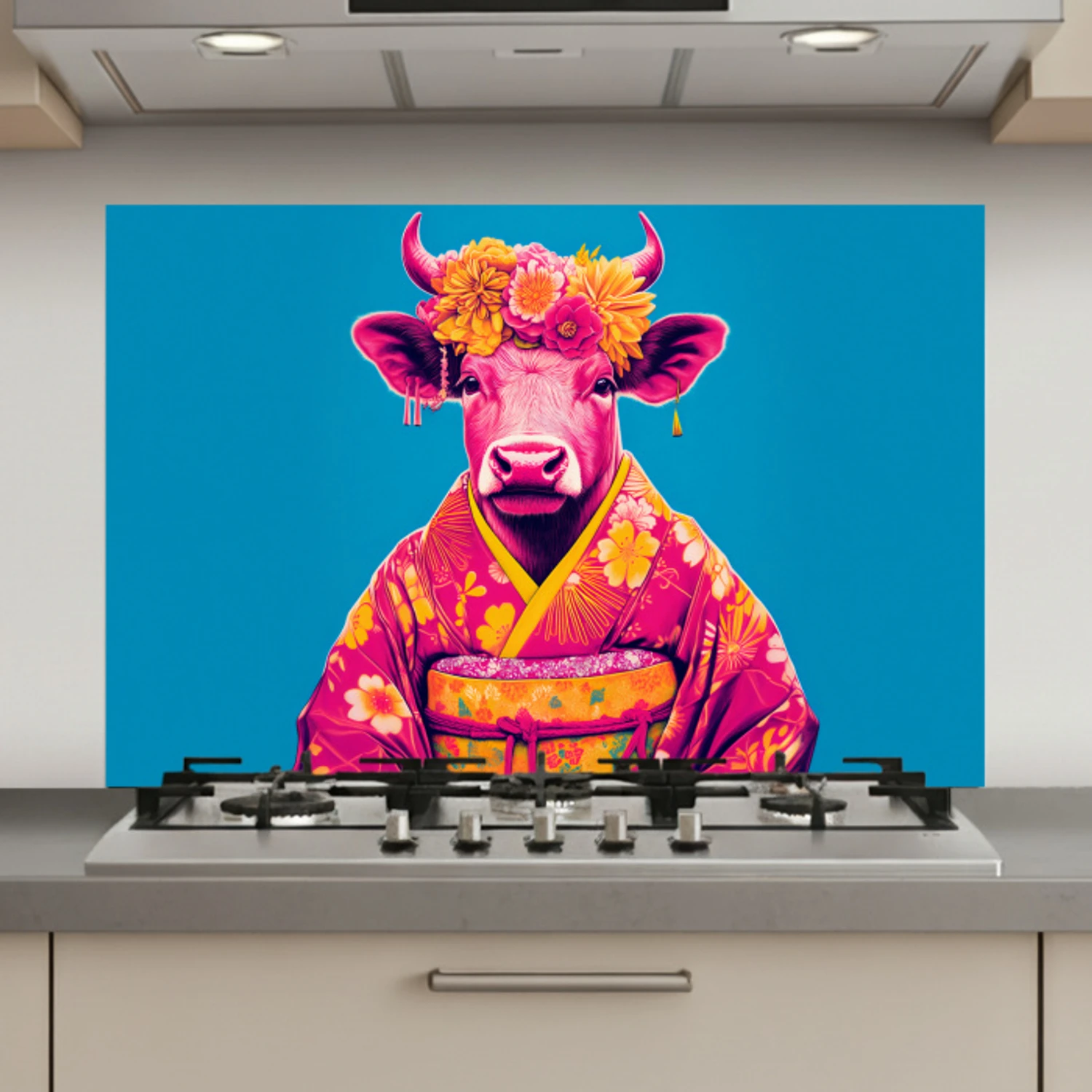 Koe - Bloemenkrans - Oorhangers - Kimono keuken achterwand spatscherm klein -3d_website