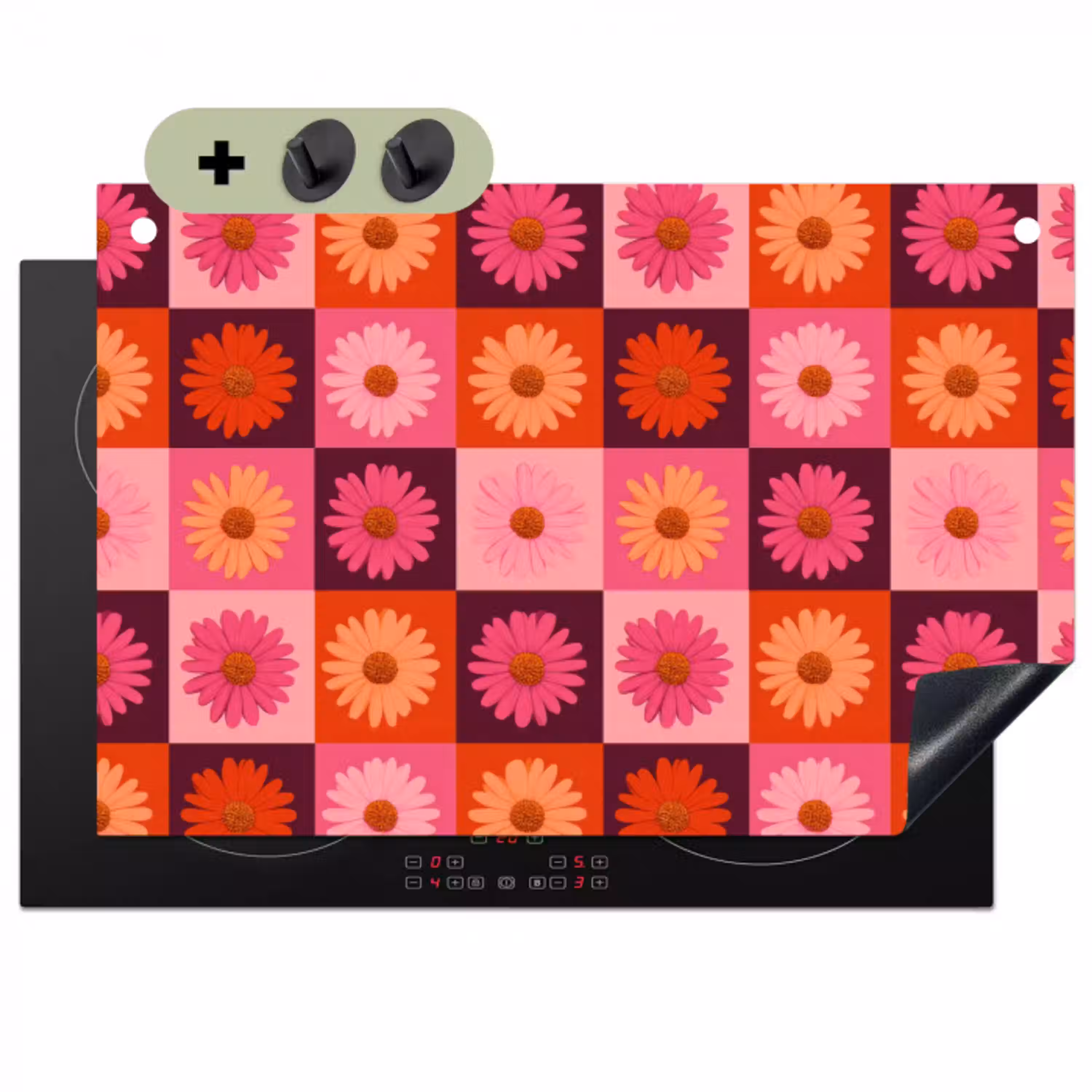 Madeliefjes - Dambord - Retro - Roze - Oranje Inductie beschemer met haakjes klein 777 -3d