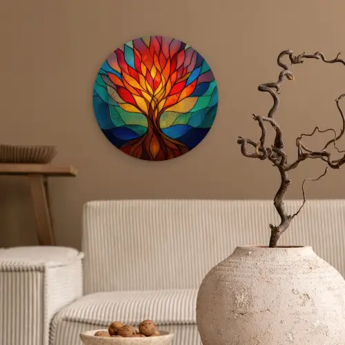 Sierglas - Boom - Rood - Vlakken Wandcirkel kunststof plaat 5mm dik klein -sfeer1