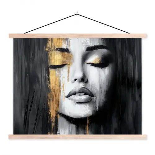 Gezicht - Vrouw - Penseelstreken - Abstract textielposter latten blank klein -3d