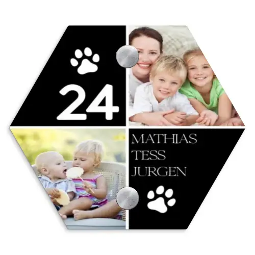 Familieportret met pootafdrukken zwart - Klassiek Naambord Hexagon klein -3d